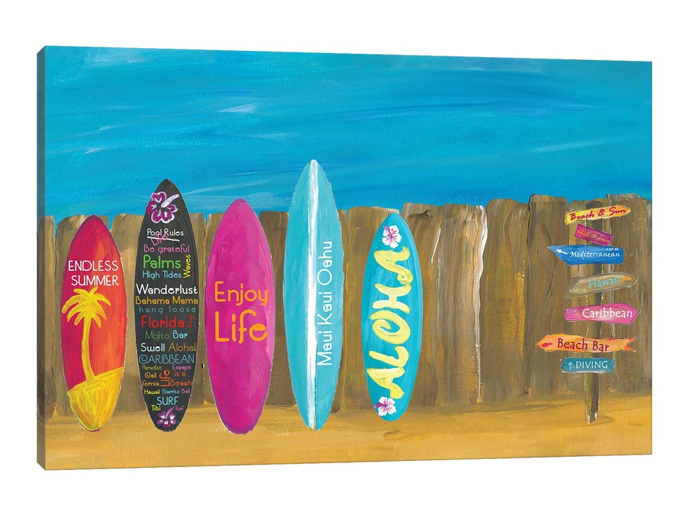 Markus & Martina Bleichner Canvas Wall Decor Prints - The Summer and Palms Surfboard Beach Wall ( Sports > Surfing art) - 26x40 in