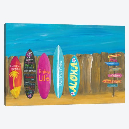 The Summer and Palms Surfboard Beach Wall Canvas Print #MMB339} by Markus & Martina Bleichner Canvas Art Print