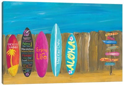 The Summer and Palms Surfboard Beach Wall Canvas Art Print - Markus & Martina Bleichner
