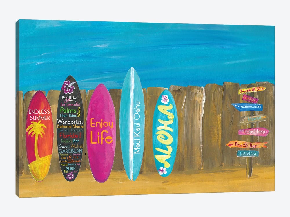 The Summer and Palms Surfboard Beach Wall by Markus & Martina Bleichner 1-piece Canvas Print