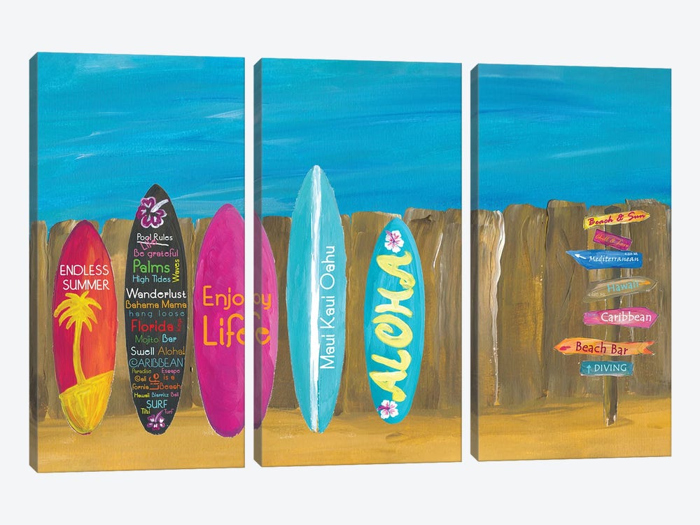 The Summer and Palms Surfboard Beach Wall 3-piece Canvas Print