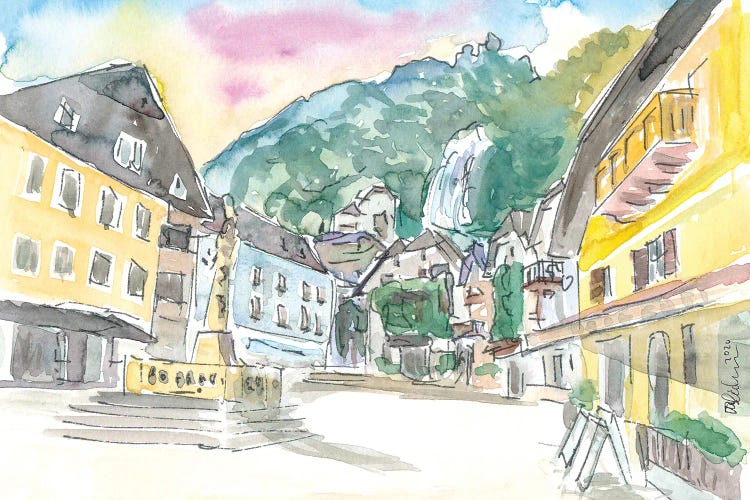 Hallstatt Romantic Market Place with Mountain and Waterfall Sound