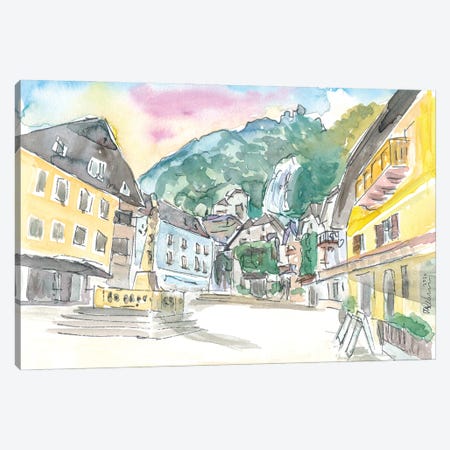 Hallstatt Romantic Market Place with Mountain and Waterfall Sound Canvas Print #MMB340} by Markus & Martina Bleichner Canvas Wall Art