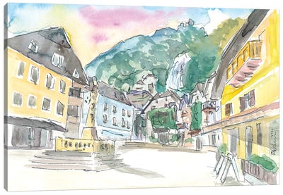 Hallstatt Romantic Market Place with Mountain and Waterfall Sound Canvas Art Print
