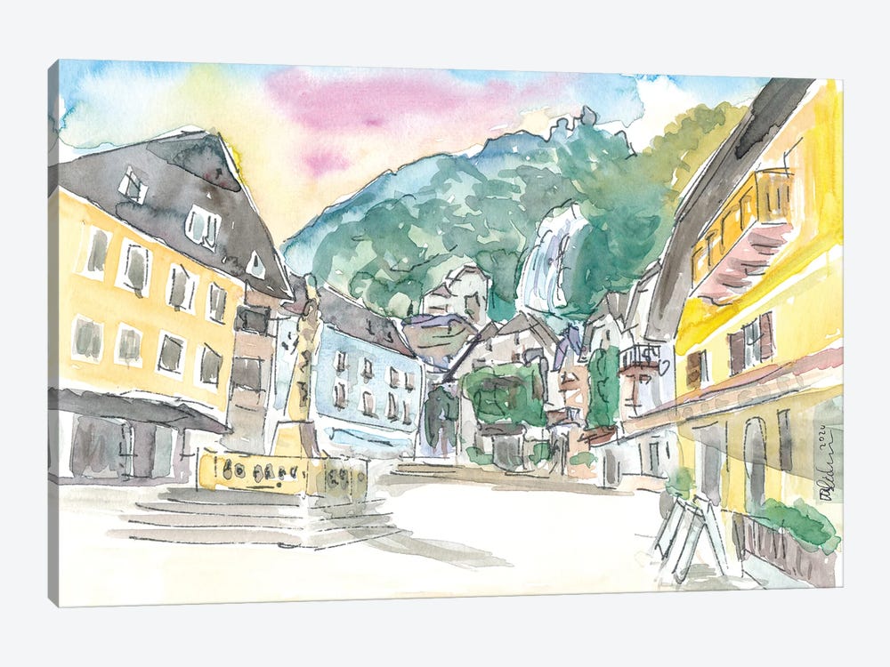 Hallstatt Romantic Market Place with Mountain and Waterfall Sound by Markus & Martina Bleichner 1-piece Canvas Art Print