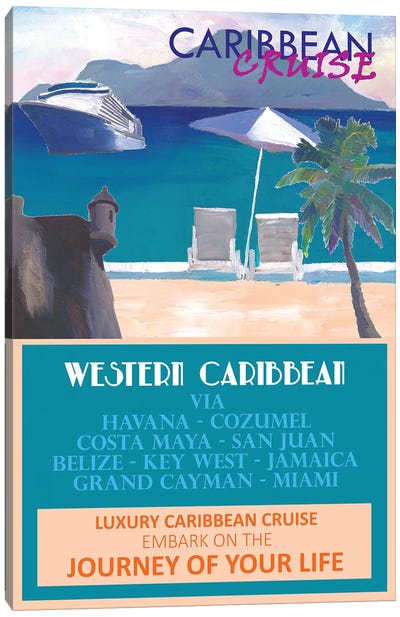 Western Caribbean Cruise Retro Travel Poster II Canvas Art Print - Cruise Ships