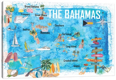 The Bahamas Illustrated Map with Main Roads Landmarks and Highlights Canvas Art Print - Markus & Martina Bleichner