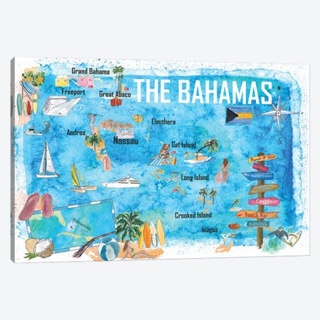 The Bahamas Illustrated Map with Main Roads Landmarks and Highlights Canvas Print #MMB344} by Markus & Martina Bleichner Canvas Art Print