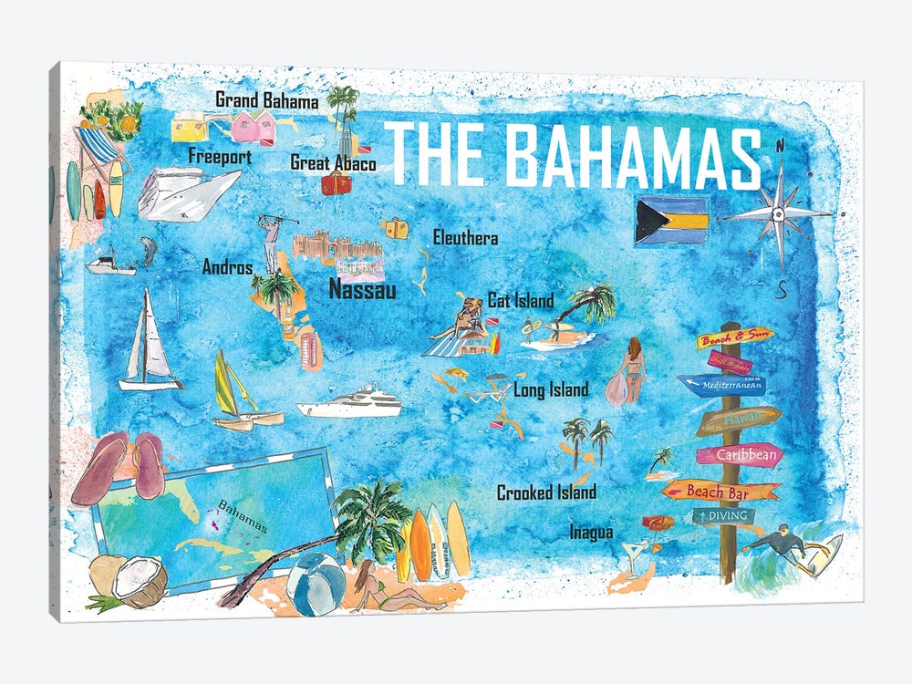 The Bahamas Illustrated Map with Main Roads Landmarks and Highlights by Markus & Martina Bleichner 1-piece Canvas Print