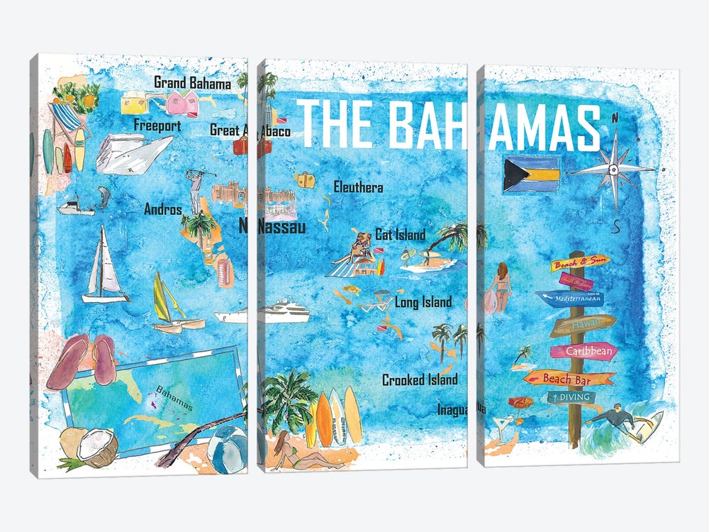 The Bahamas Illustrated Map with Main Roads Landmarks and Highlights by Markus & Martina Bleichner 3-piece Art Print