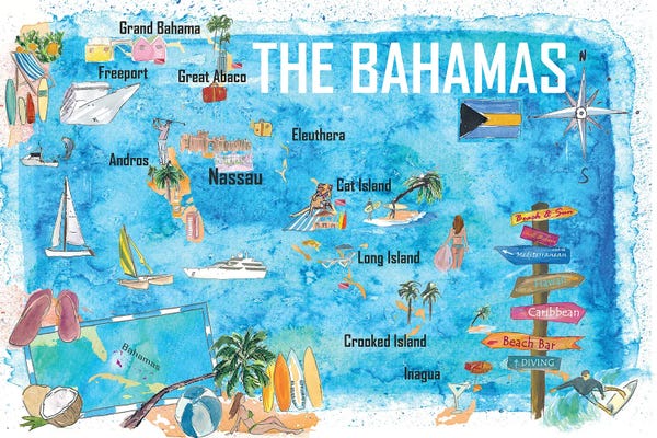 Markus & Martina Bleichner: The Bahamas Illustrated Map with Main Roads Landmarks and Highlights by Markus & Martina Bleichner
