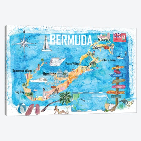 Bermuda Island Travel Poster Favorite Tourist Map Highlights Canvas Print #MMB349} by Markus & Martina Bleichner Canvas Artwork