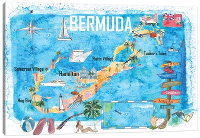 Bermuda Island Travel Poster Favorite Tourist Map Highlights Canvas Art Print - Markus & Martina Bleichner