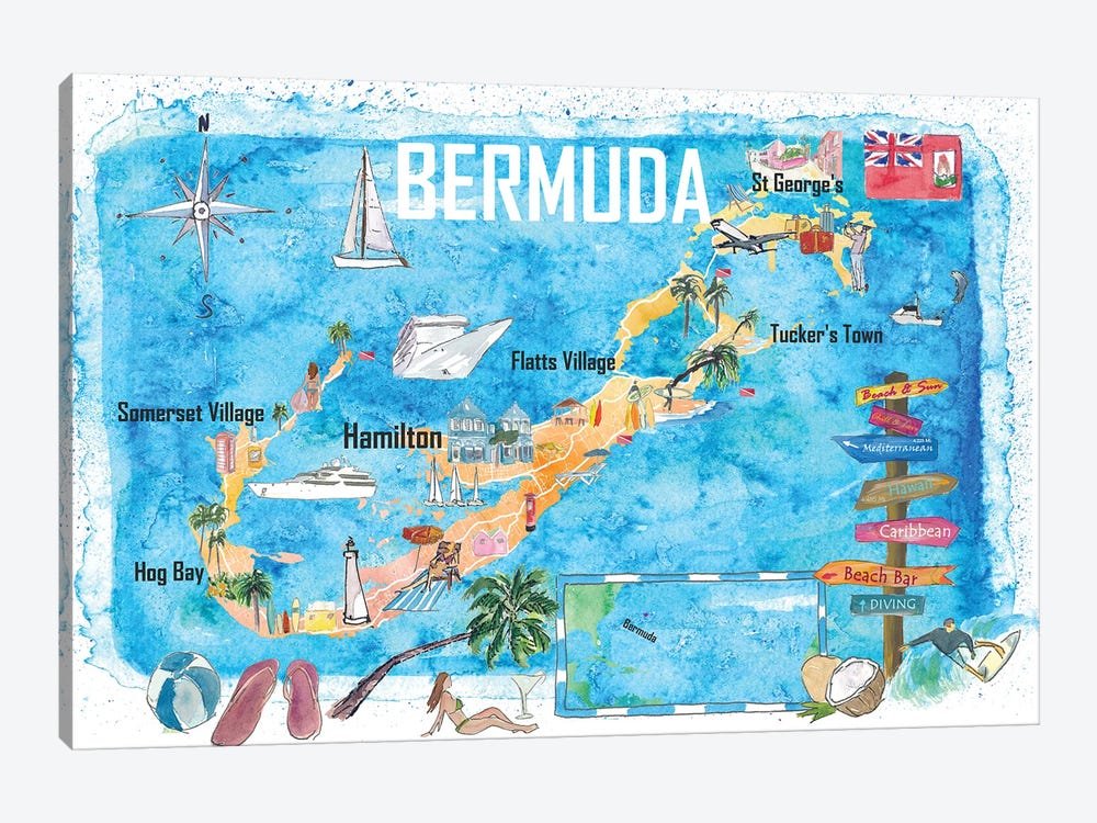 Bermuda Island Travel Poster Favorite Tourist Map Highlights by Markus & Martina Bleichner 1-piece Canvas Wall Art