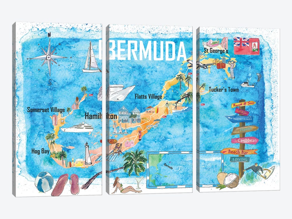 Bermuda Island Travel Poster Favorite Tourist Map Highlights by Markus & Martina Bleichner 3-piece Canvas Artwork
