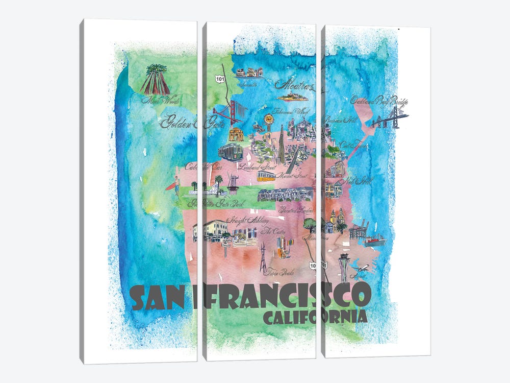 San Francisco, California Travel Poster by Markus & Martina Bleichner 3-piece Canvas Wall Art