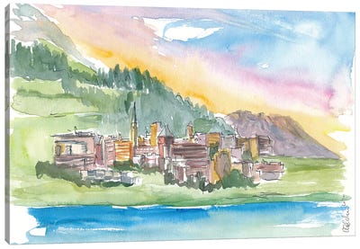 St Moritz Engadin Switzerland Alpine Style With Lake And Mountains Canvas Art Print - Switzerland Art