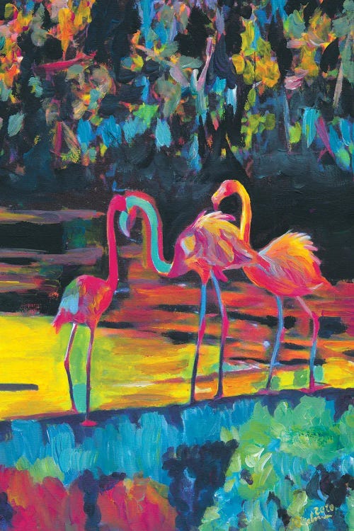 Flamingos In Impressionist Expressionist Phoenicopterus Roseus Style