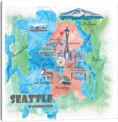 Seattle, Washington Travel Poster Canvas Art Print - Kids Map Art
