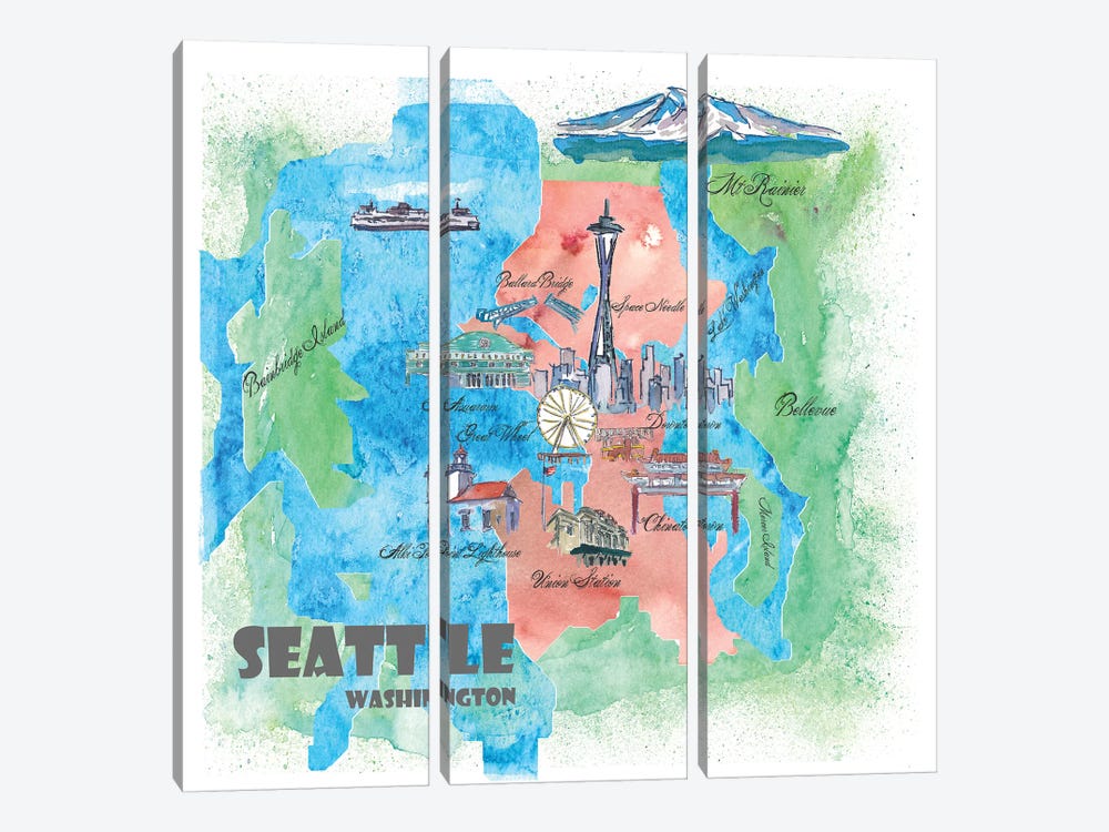 Seattle, Washington Travel Poster by Markus & Martina Bleichner 3-piece Canvas Print