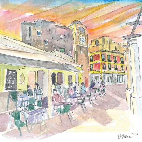 Markus & Martina Bleichner: Funicular Mountain Station In Capri Italy With Romantic Piazetta And Sunset by Markus & Martina Bleichner