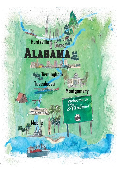 USA, Alabama Illustrated Travel Poster