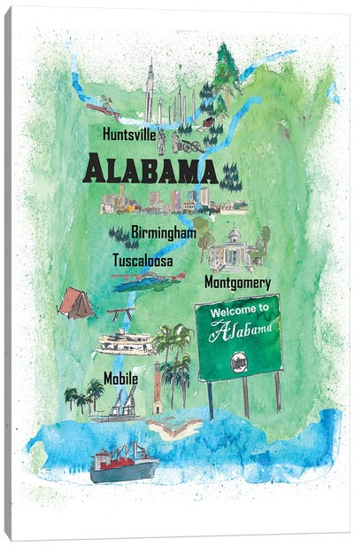 USA, Alabama Illustrated Travel Poster Canvas Art Print - Alabama