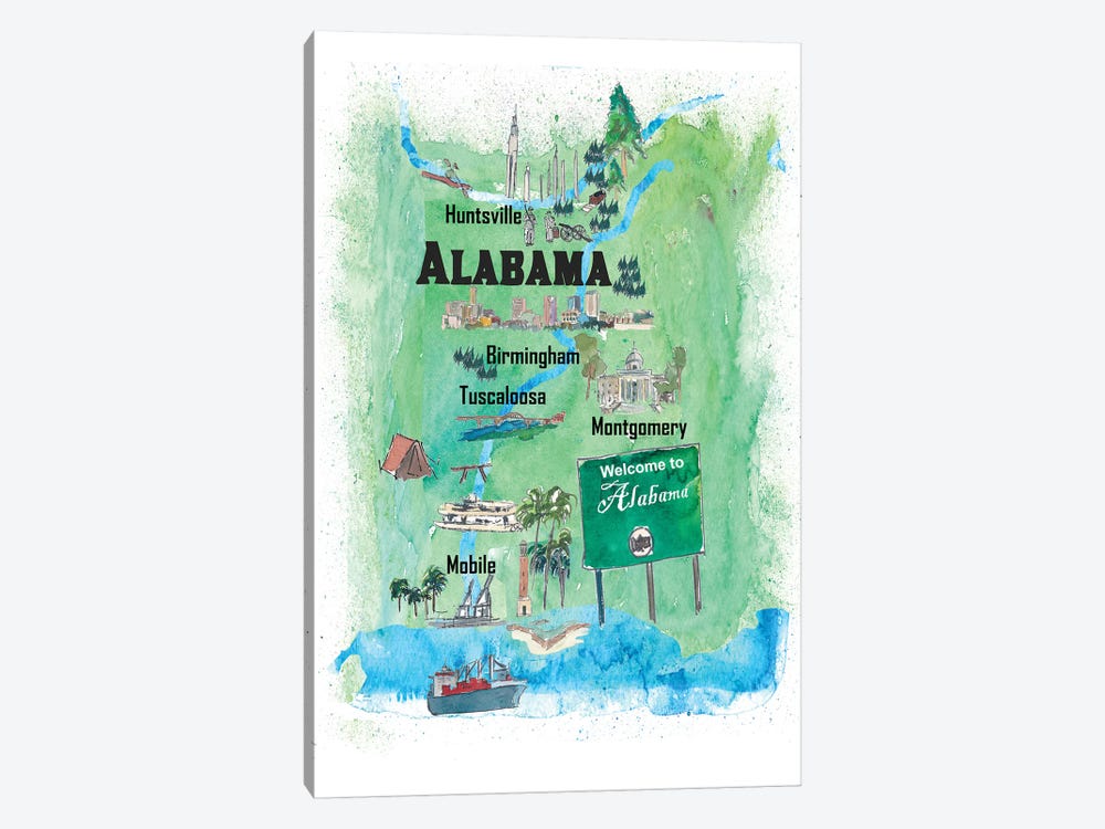 USA, Alabama Illustrated Travel Poster by Markus & Martina Bleichner 1-piece Canvas Artwork