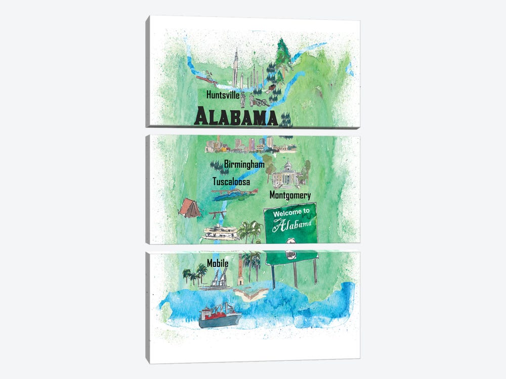 USA, Alabama Illustrated Travel Poster by Markus & Martina Bleichner 3-piece Canvas Artwork