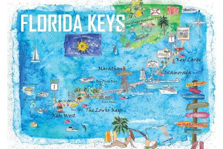 Florida Keys Key West Marathon Key Largo Illustrated Travel Poster Favorite Map 2Nd Signpost Edition