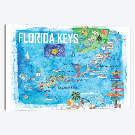 Florida Keys Key West Marathon Key Largo Illustrated Travel Poster Favorite Map 2Nd Signpost Edition Canvas Print #MMB376} by Markus & Martina Bleichner Canvas Artwork
