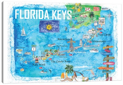 Florida Keys Key West Marathon Key Largo Illustrated Travel Poster Favorite Map 2Nd Signpost Edition Canvas Art Print - Travel Art