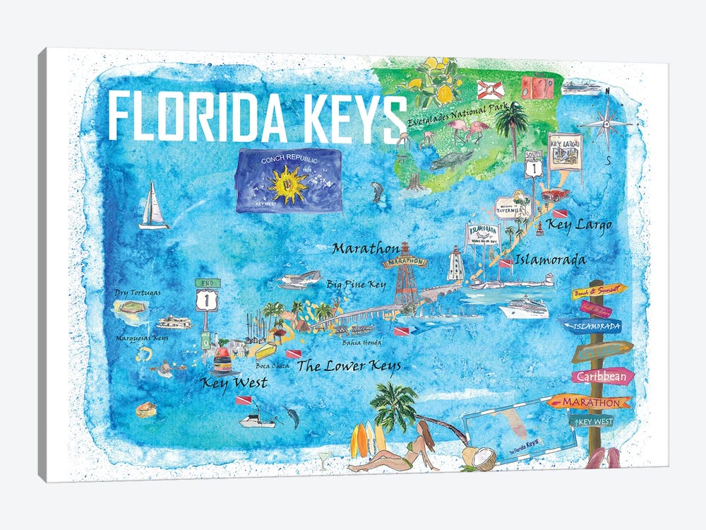Florida Keys Key West Marathon Key Largo Illustrated Travel Poster Favorite Map 2Nd Signpost Edition by Markus & Martina Bleichner 1-piece Canvas Wall Art