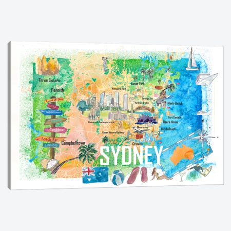 Sydney Australia Illustrated Map With Main Roads Landmarks And Highlights Canvas Print #MMB379} by Markus & Martina Bleichner Canvas Print