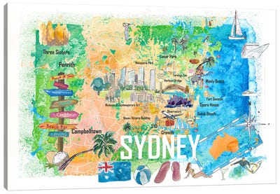 Sydney Australia Illustrated Map With Main Roads Landmarks And Highlights Canvas Art Print - Sydney Art
