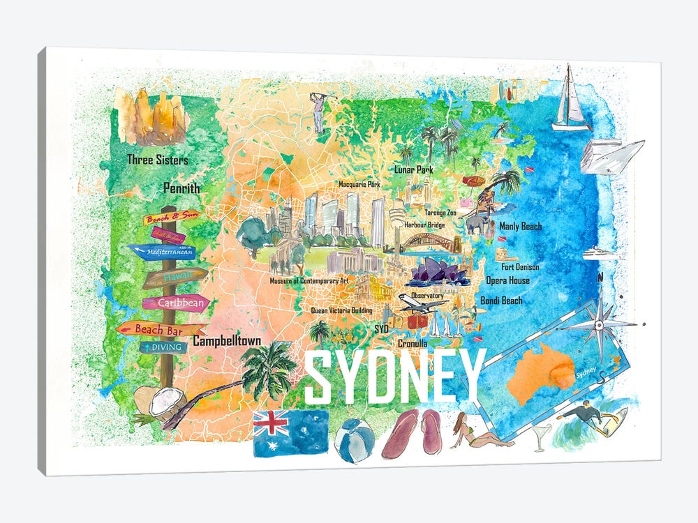 Sydney Australia Illustrated Map With Main Roads Landmarks And Highlights by Markus & Martina Bleichner 1-piece Canvas Print