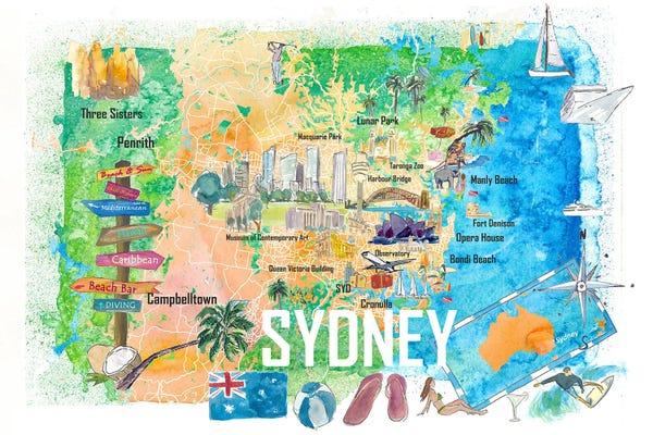 Australia: Sydney Australia Illustrated Map With Main Roads Landmarks And Highlights by Markus & Martina Bleichner