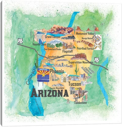 USA, Arizona Illustrated Travel Poster Canvas Art Print - State Maps