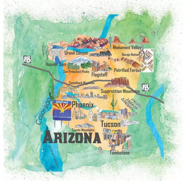 Kids Map Art: USA, Arizona Illustrated Travel Poster by Markus & Martina Bleichner