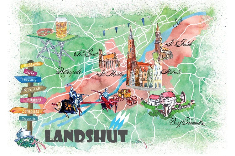 Landshut Bavaria Illustrated Map With Main Roads Landmarks And Highlights by Markus & Martina Bleichner wall art