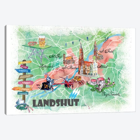 Landshut Bavaria Illustrated Map With Main Roads Landmarks And Highlights Canvas Print #MMB380} by Markus & Martina Bleichner Canvas Wall Art