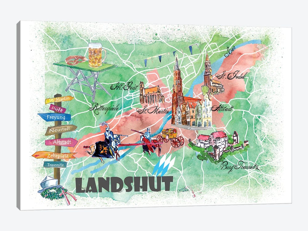 Landshut Bavaria Illustrated Map With Main Roads Landmarks And Highlights by Markus & Martina Bleichner 1-piece Art Print