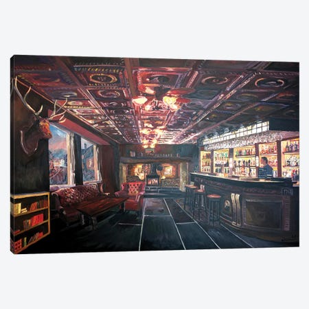 Romantic Night At Rustic Fireside Bar Scene With Village Street View Canvas Print #MMB382} by Markus & Martina Bleichner Canvas Artwork
