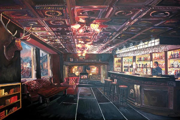 Markus & Martina Bleichner: Romantic Night At Rustic Fireside Bar Scene With Village Street View by Markus & Martina Bleichner