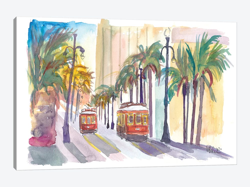 Street Cars In New Orleans Louisiana With Palms by Markus & Martina Bleichner 1-piece Canvas Wall Art
