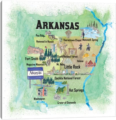 USA, Arkansas Illustrated Travel Poster Canvas Art Print - Arkansas Art
