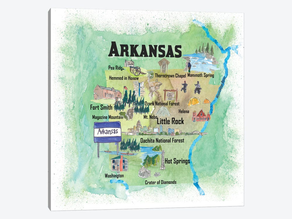 USA, Arkansas Illustrated Travel Poster by Markus & Martina Bleichner 1-piece Canvas Wall Art