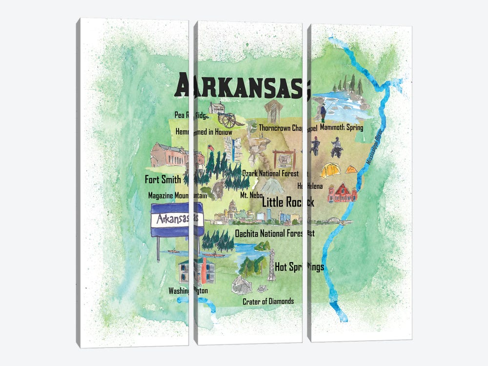 USA, Arkansas Illustrated Travel Poster by Markus & Martina Bleichner 3-piece Canvas Artwork