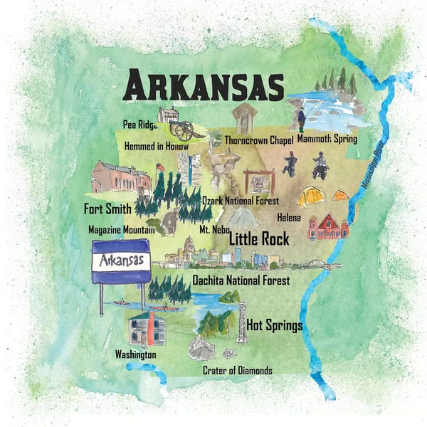 Arkansas: USA, Arkansas Illustrated Travel Poster by Markus & Martina Bleichner
