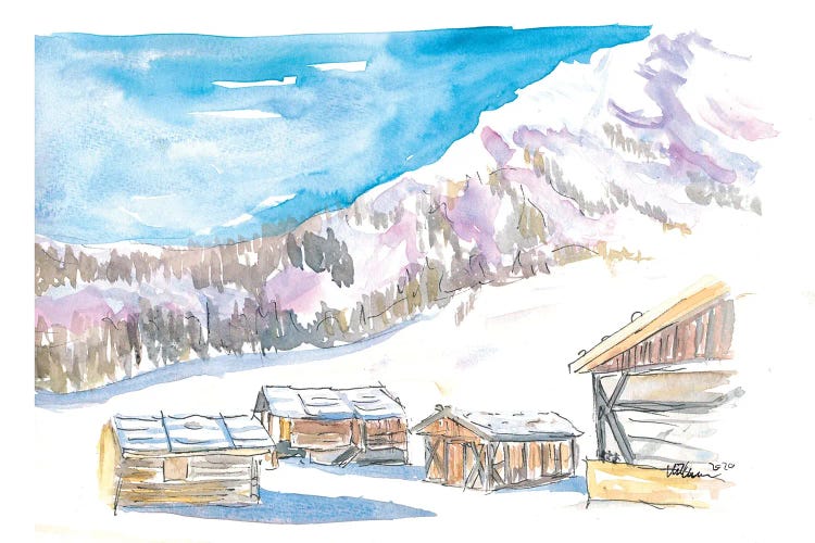 Rustic Alpine Mountains Huts In The Snow